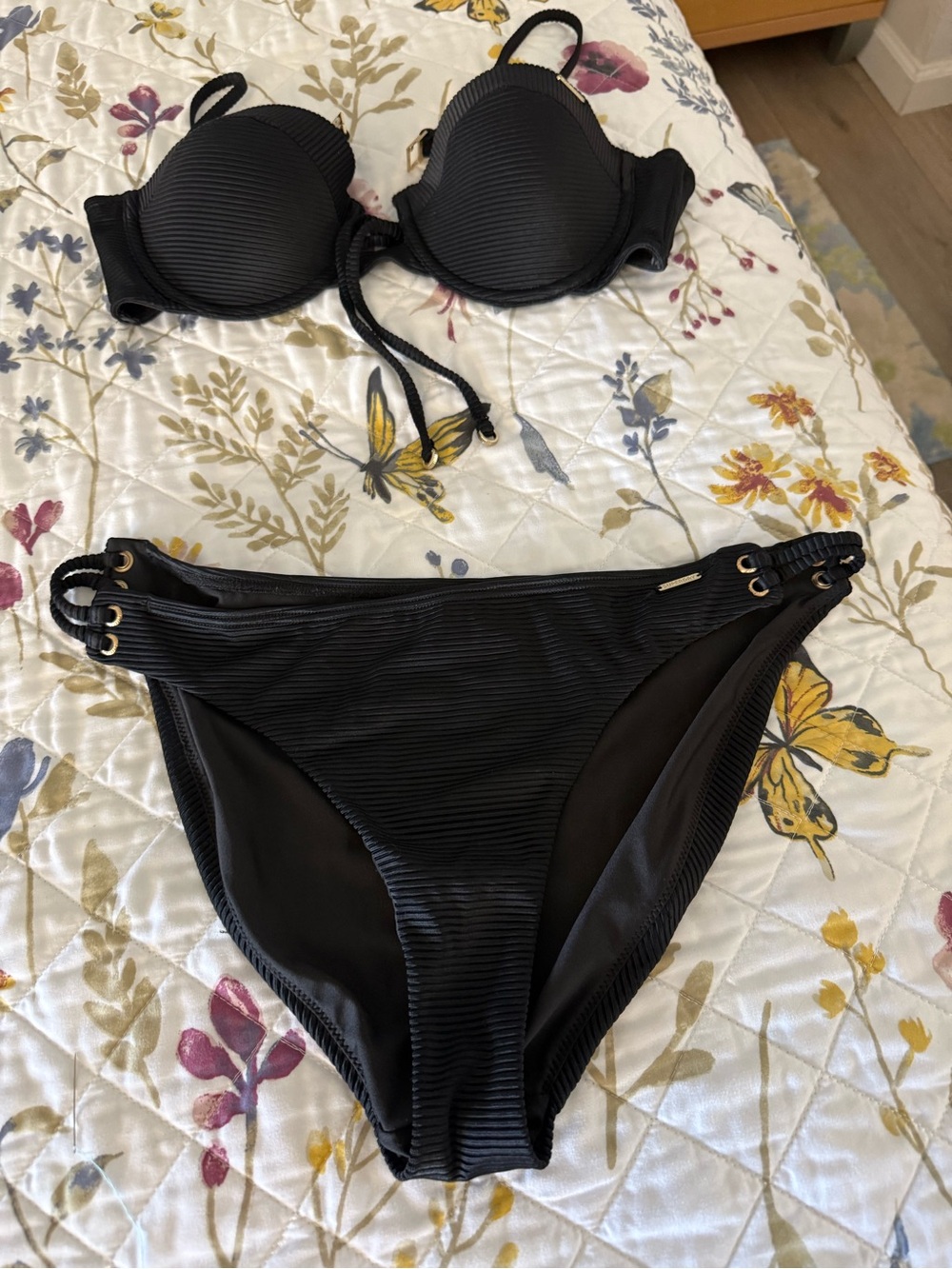 Superdry Black Ribbed Padded Bikini Set with Gold Eyelet Detail